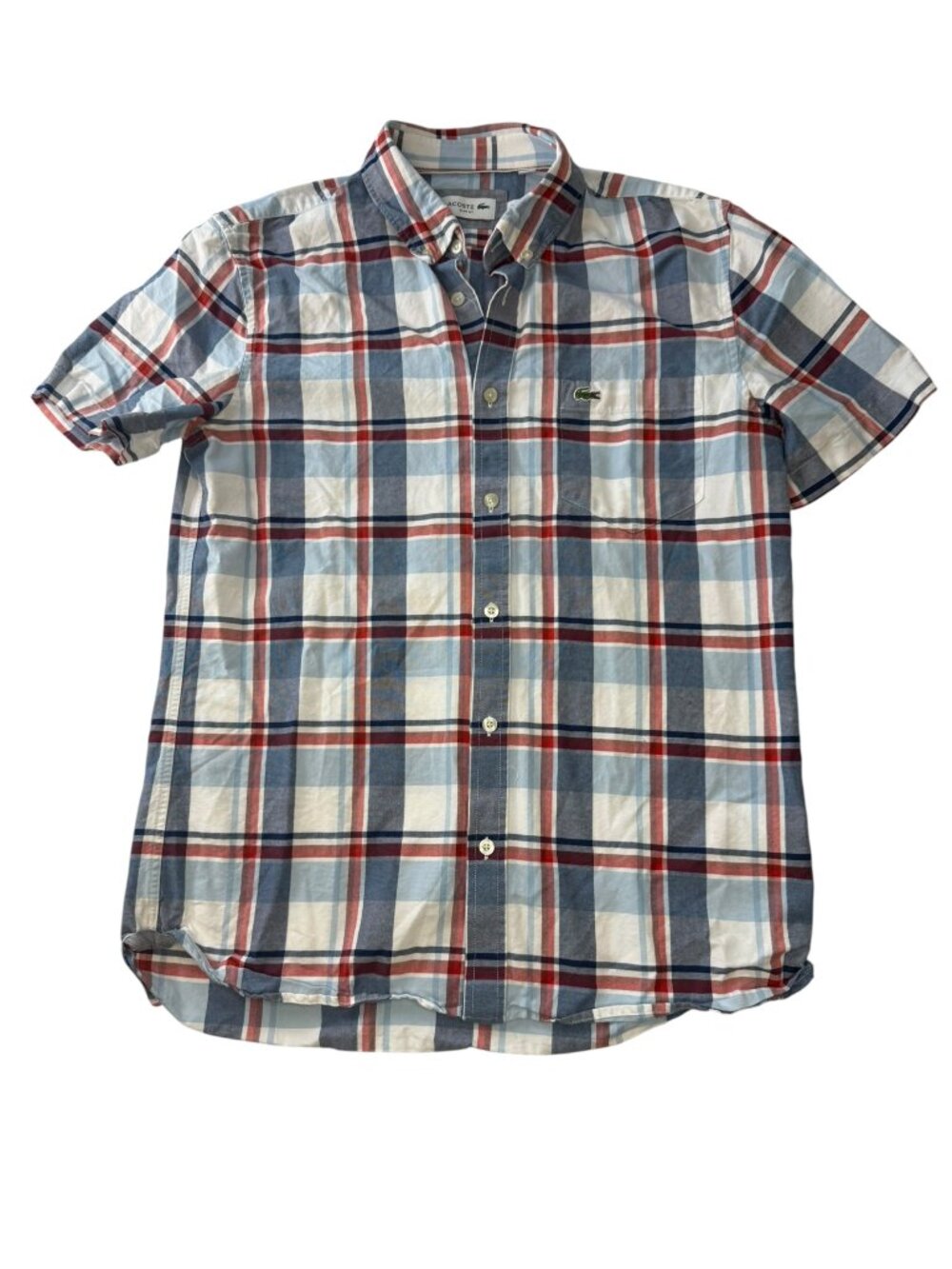 LACOSTE Plaid Button Down Collared Shirt Red White Blue. Slim Fit Size FR 40 Med